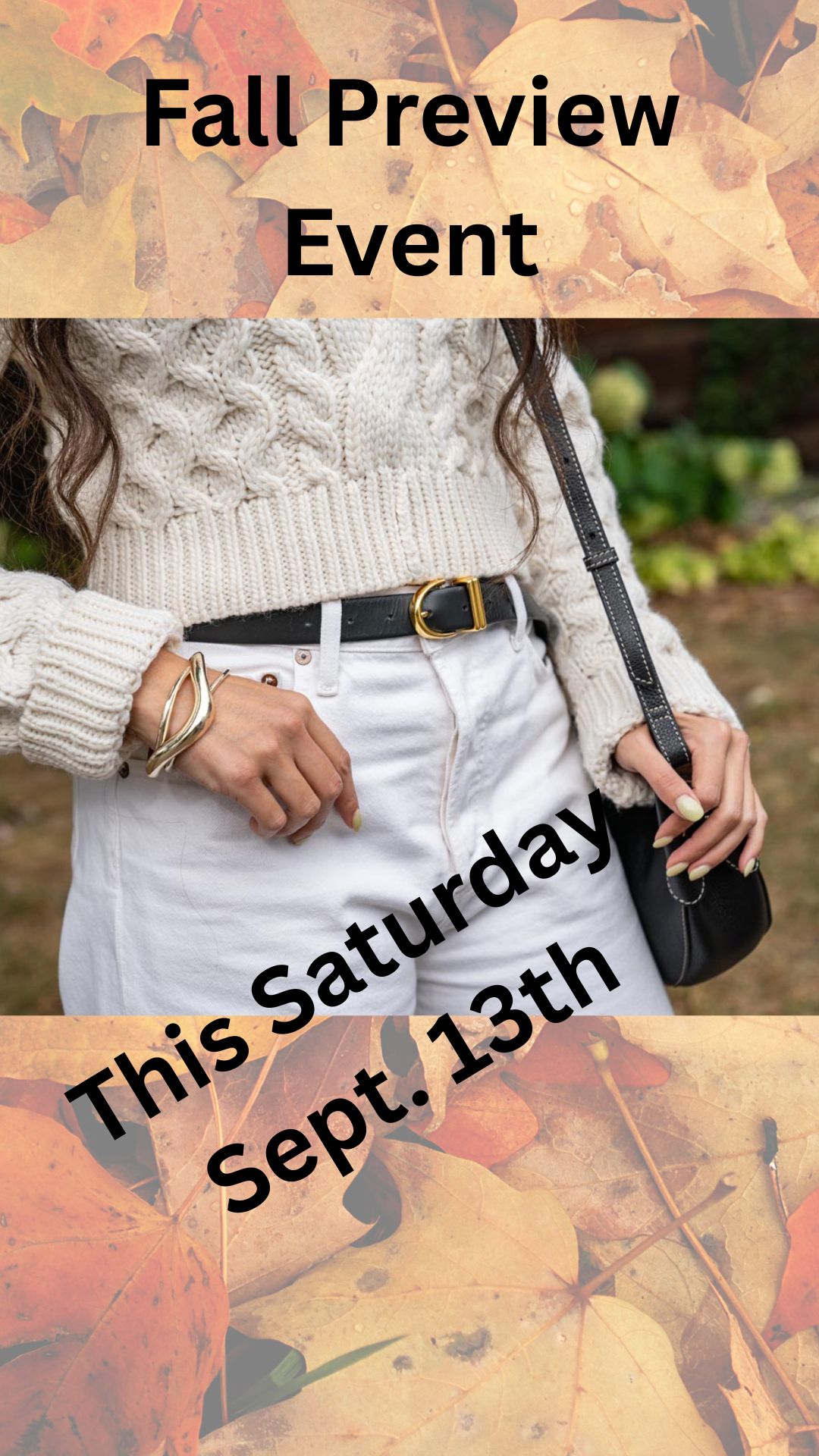 an image of a woman in a sweater and text talking about our fall preview event